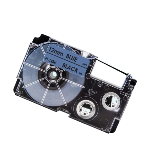 Casio XR-12BU compatible labeltape, black on blue, 12mm x 8m